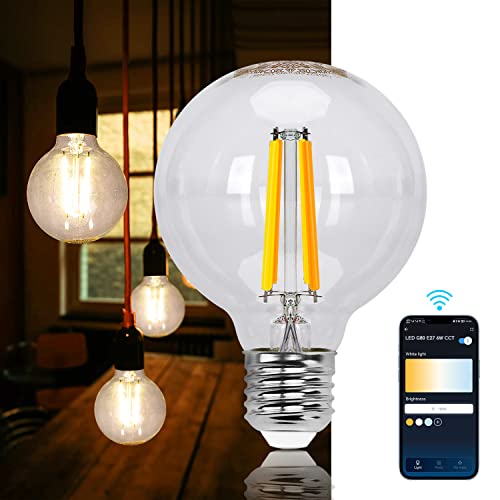 Aigostar Smart LED bulb.  Vintage Alexa LED bulb, G80 Transparent globe type, 6W 850LM E27, dimmable warm to cold 2700K to 6500K.  Compatible with Alexa and Google home
