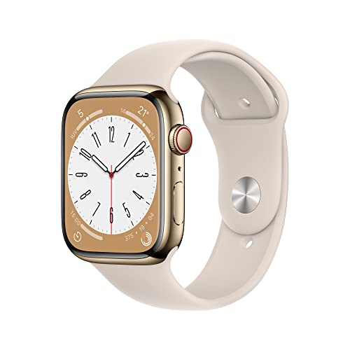 Apple Watch Series 8 (GPS + Cellular, 45mm) Smartwatch with Gold Stainless Steel Case - White Star Sport Band - One Size.  Training monitor, Water resistance